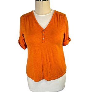 Chico's - Women's L Ultimate Tee Shirt Orange Henley Short Roll Tab Sleeve VNeck